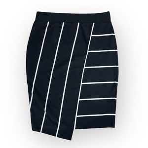 belle sky Skirt Pencil Striped Asymmetrical Knee Length Black White Medium